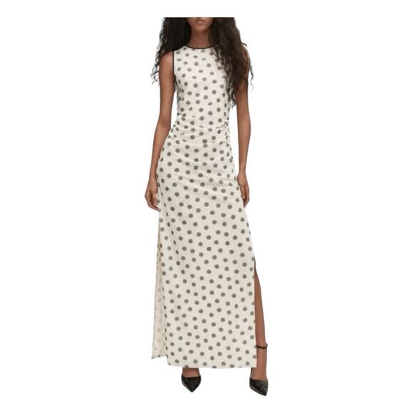 MNG Mango Polka Dot Print Open Back Maxi Dress White Black Sleeveless 6 - Picture 1 of 12
